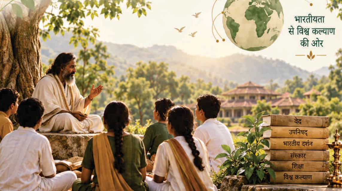 प्रकृति के बीच आचार्य और विद्यार्थियों के संवाद का पुस्तिका में दिया चित्र